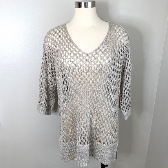 Joseph Ribkoff metallic sequined openwork tunic sweater in champagne - Size L - Picture 2 of 11